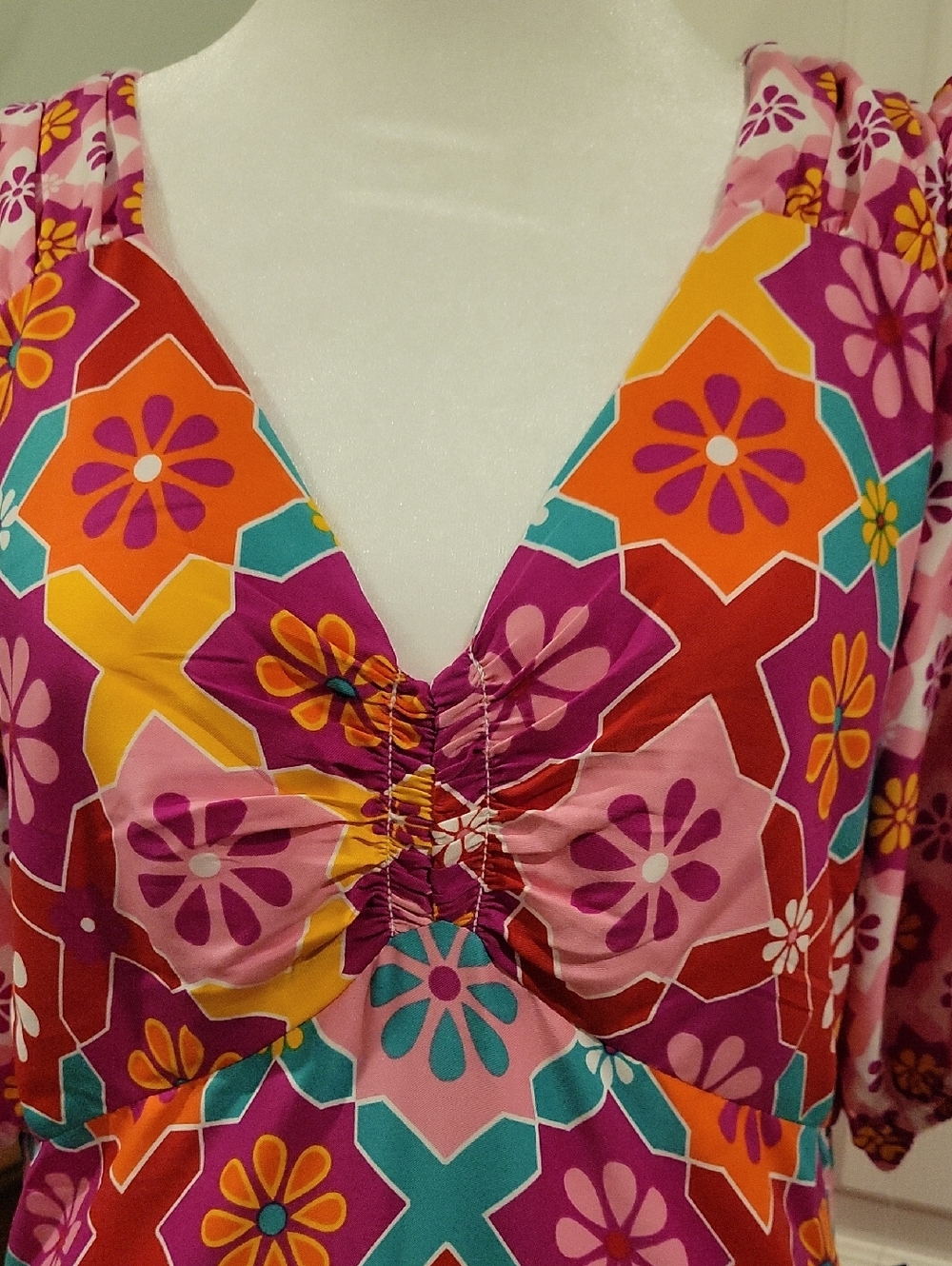 Donna Morgan Multicolor Floral Geo Midi Dress in Pink, Orange, Teal & Purple - Picture 5 of 14